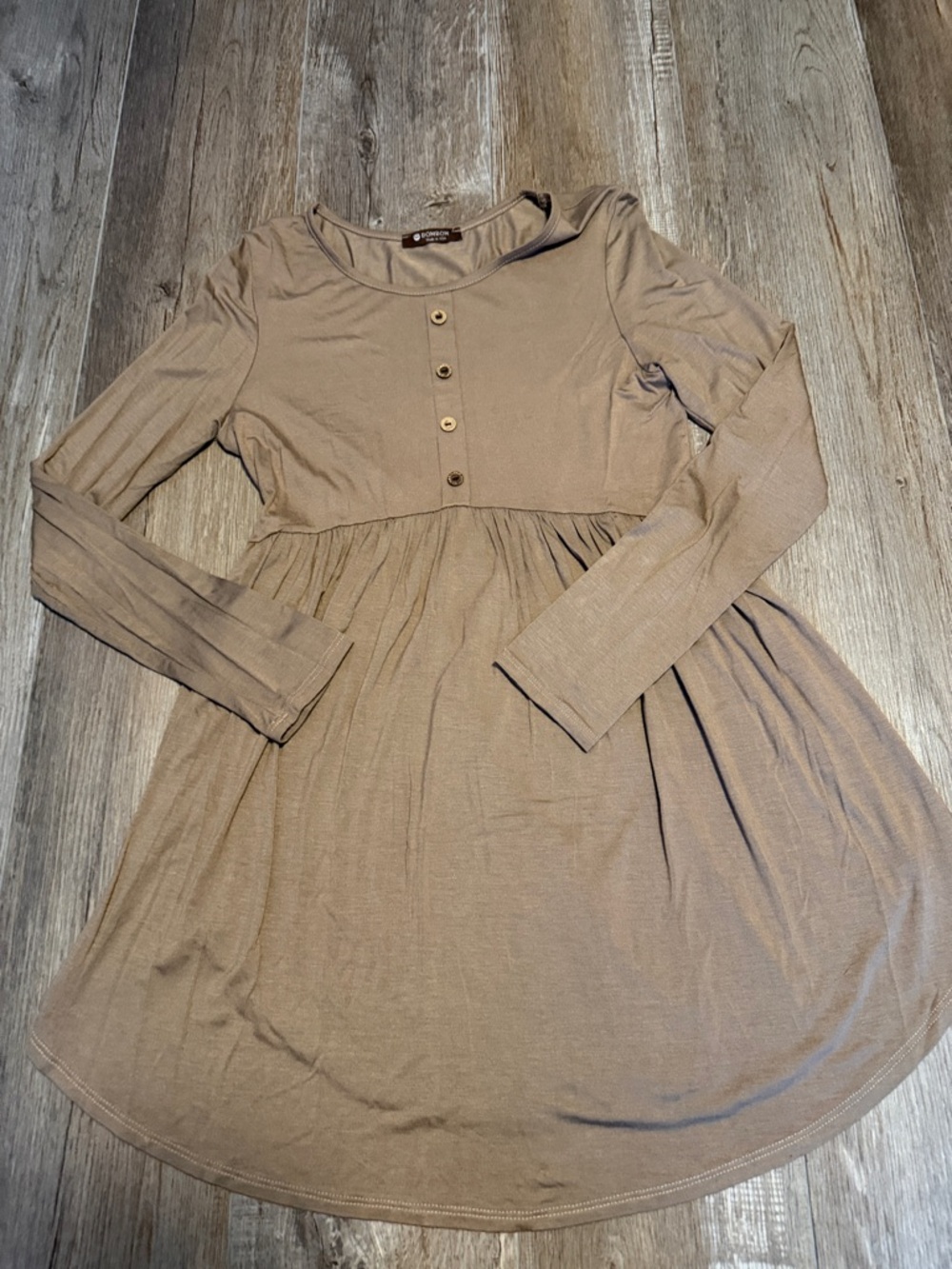 BomBom Long Sleeve Button Front Babydoll Dress - Taupe